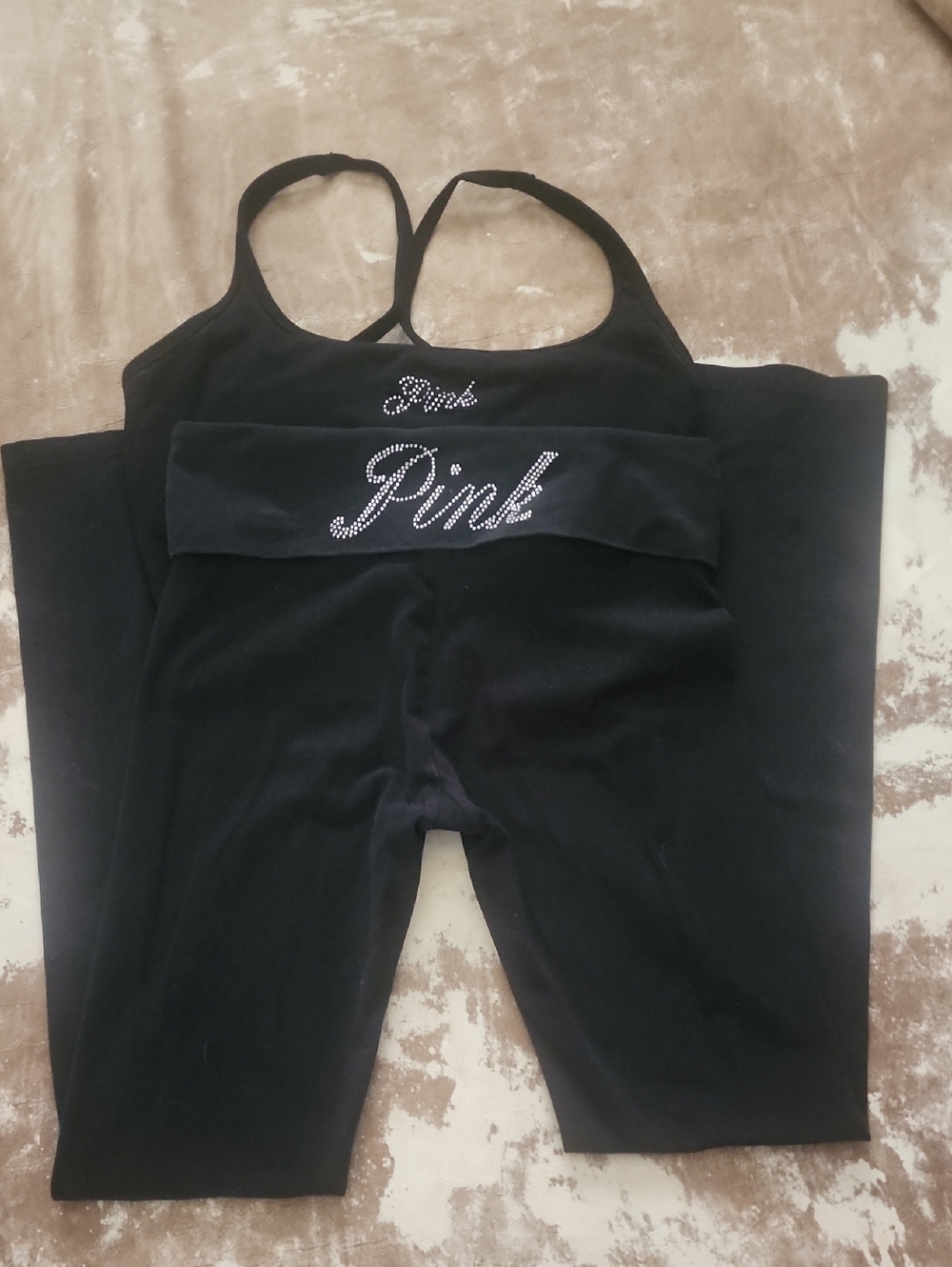 Pink VS Matching Set Tank And Wide Legged Leggings With Bling. Size: M - Picture 2 of 11